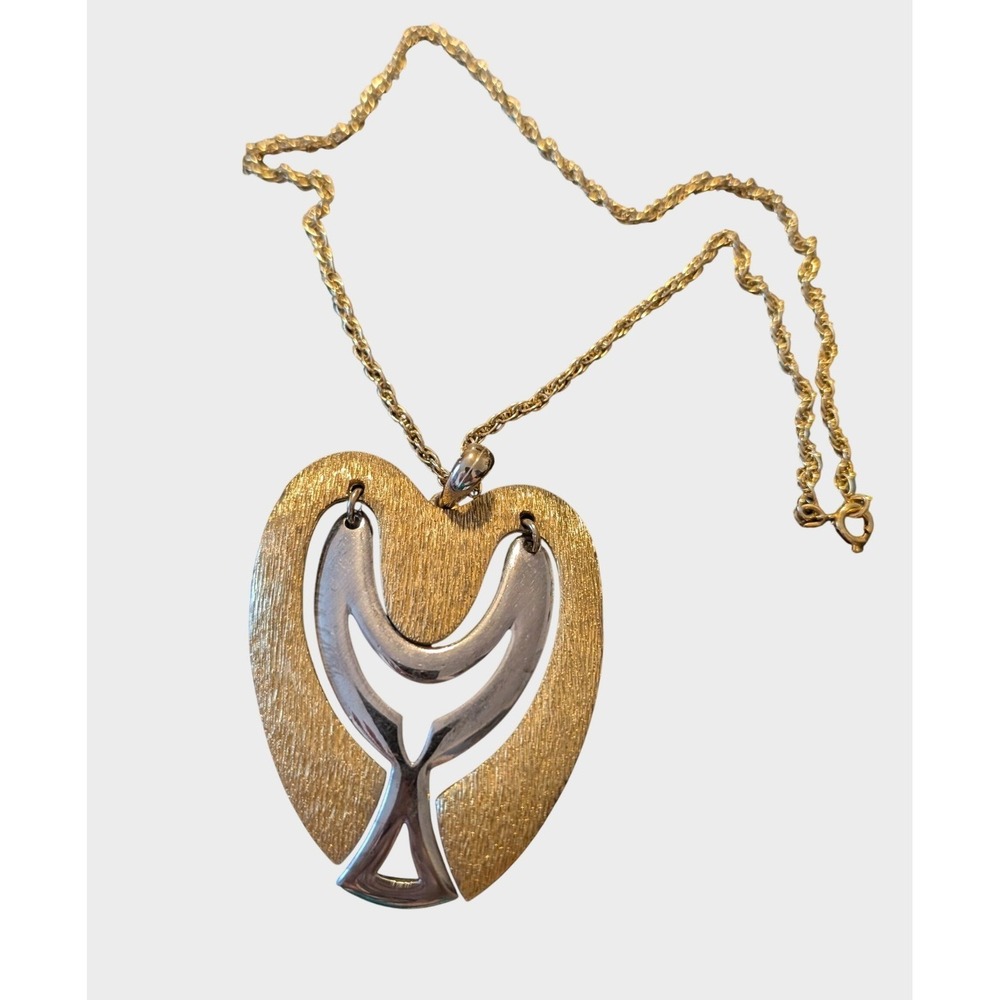 Vintage Gold Silver Necklace Two Tone Abstract Heart Mixed Metal Pendant